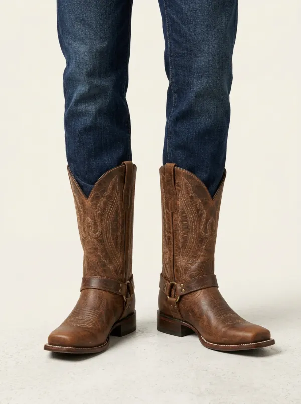 Men's Heritage Western Distressed Leather Embroidered Harness Boots