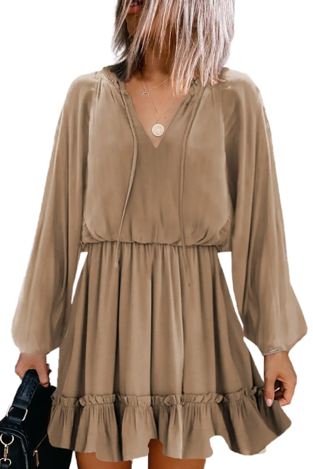 Bubble Sleeve Split Neck Ruffle Tunic Dress