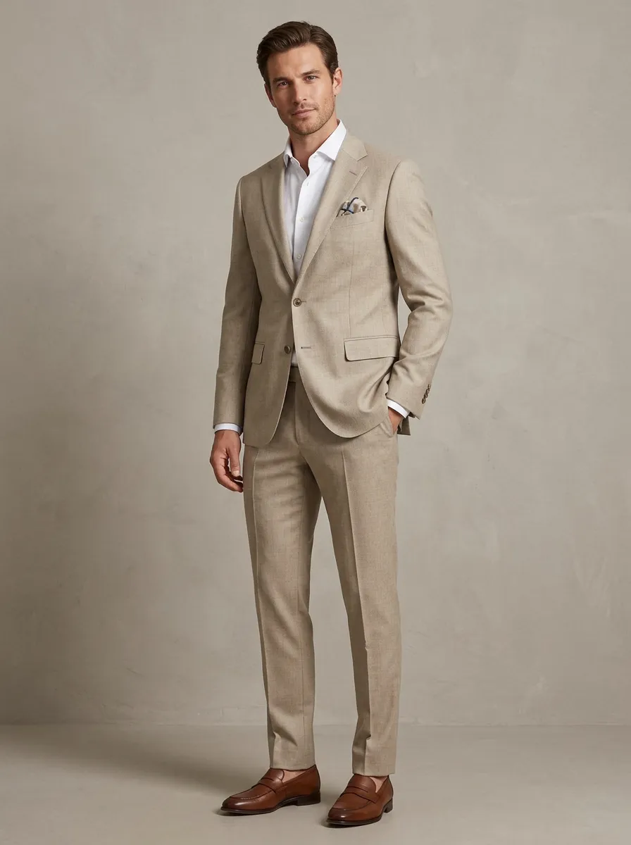 Men's Formal Business Beige Solid Color Tailored Suit Set