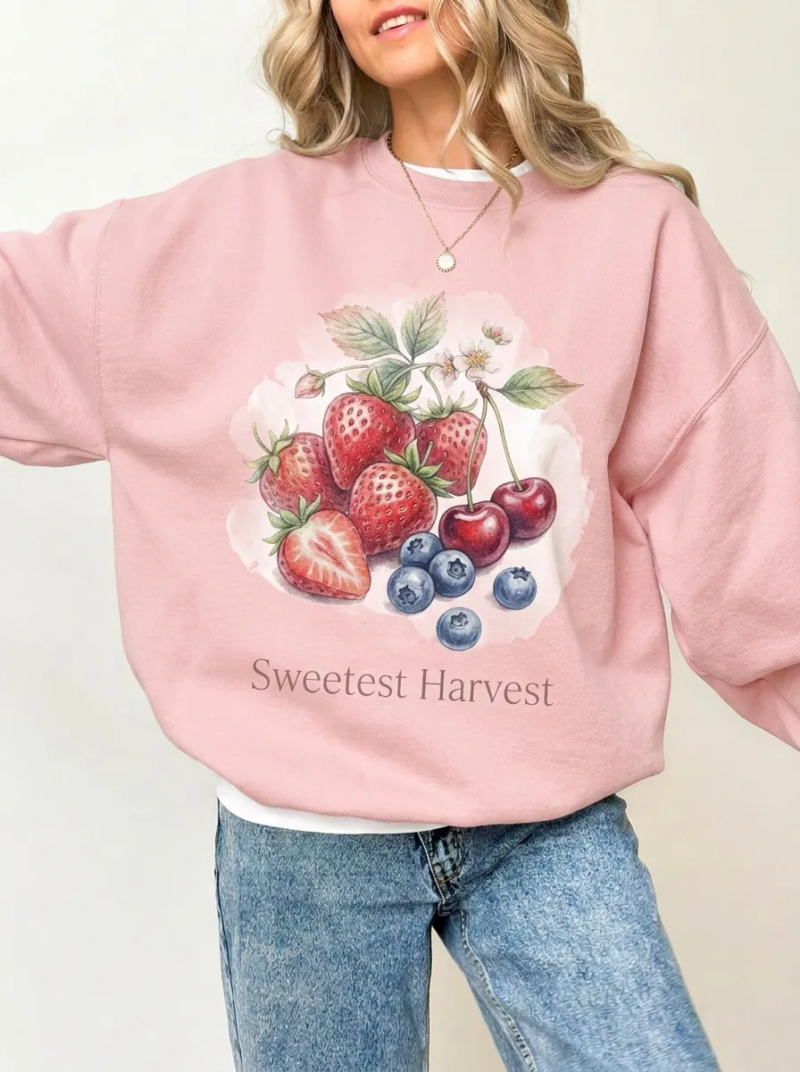 Women's Sweetest Harvest Strawberry Cherry Blueberry Graphic Sweatshirt