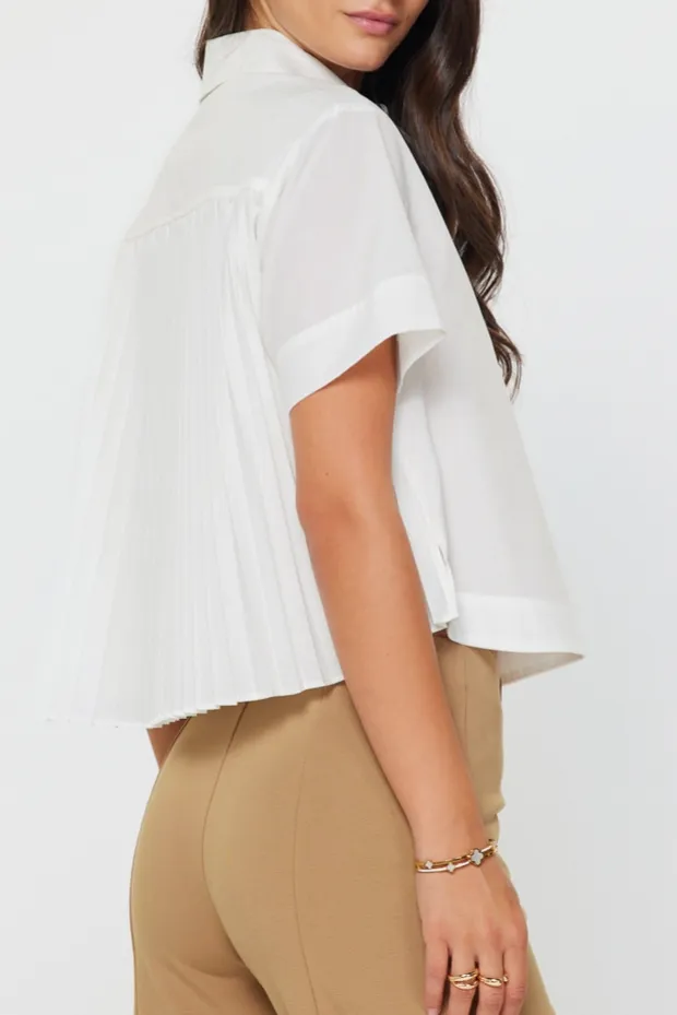 White Cropped Pleated Back Collared Shirt