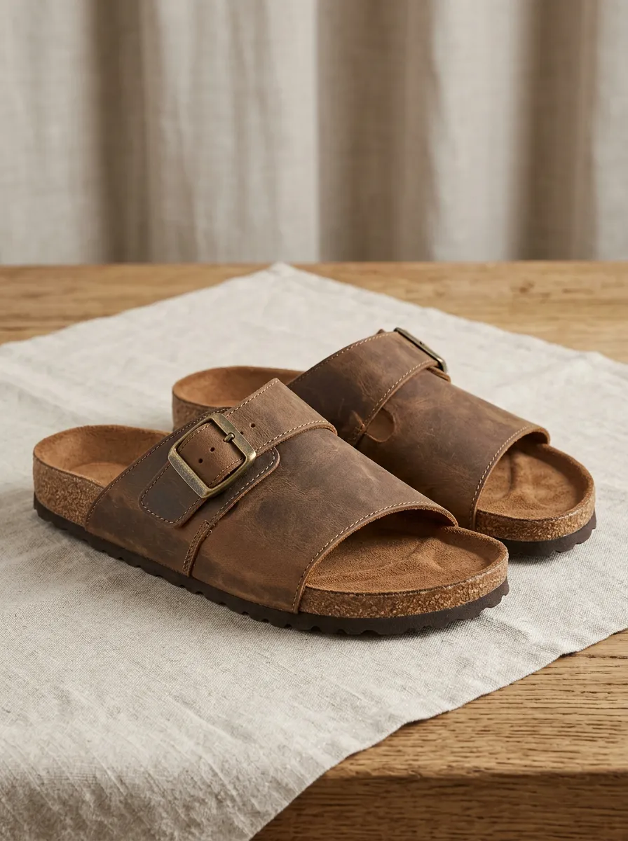 Unisex Brown Leather Buckle Cork Footbed Sandals