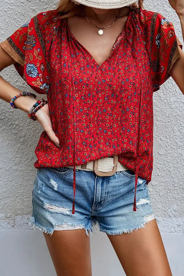 V Neck Printed Casual Tops