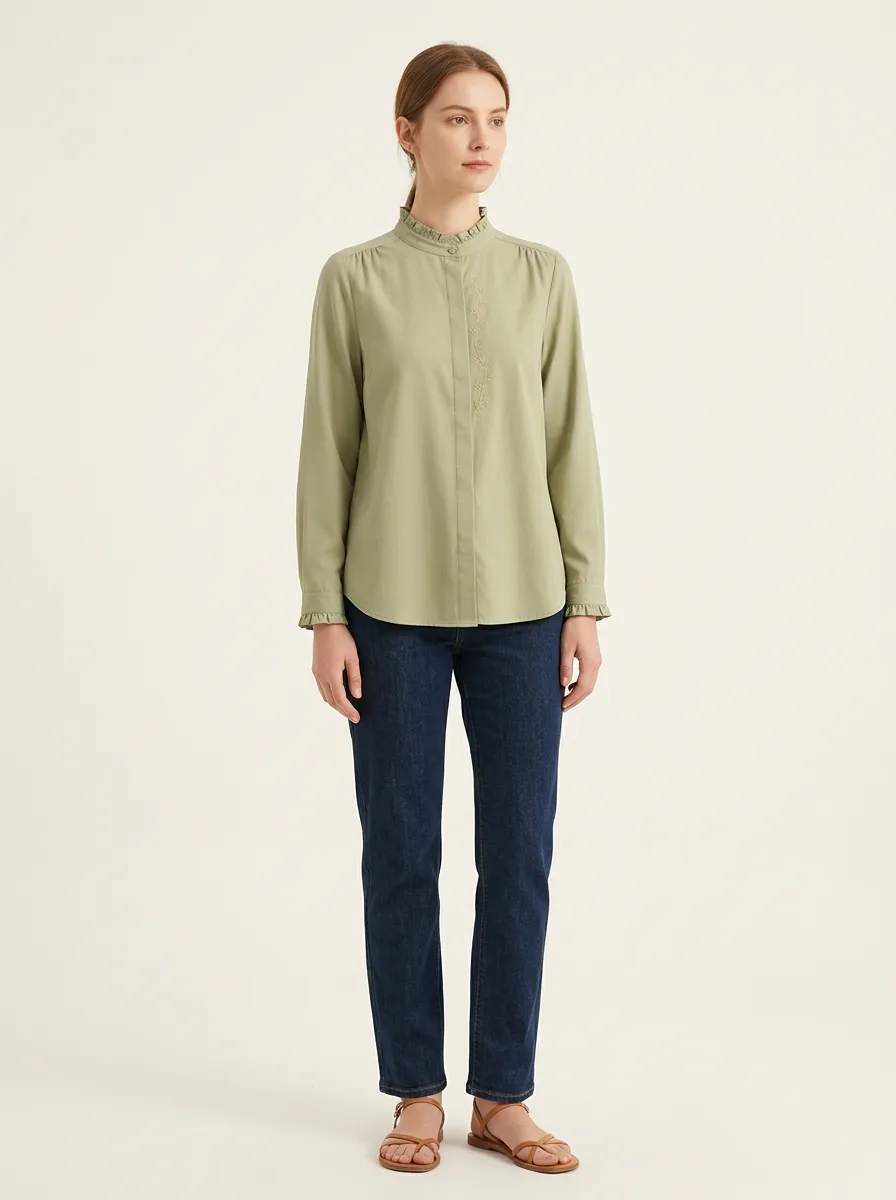 Women's Vertical-Floral Embroidered Ruffle-Collar Shirt