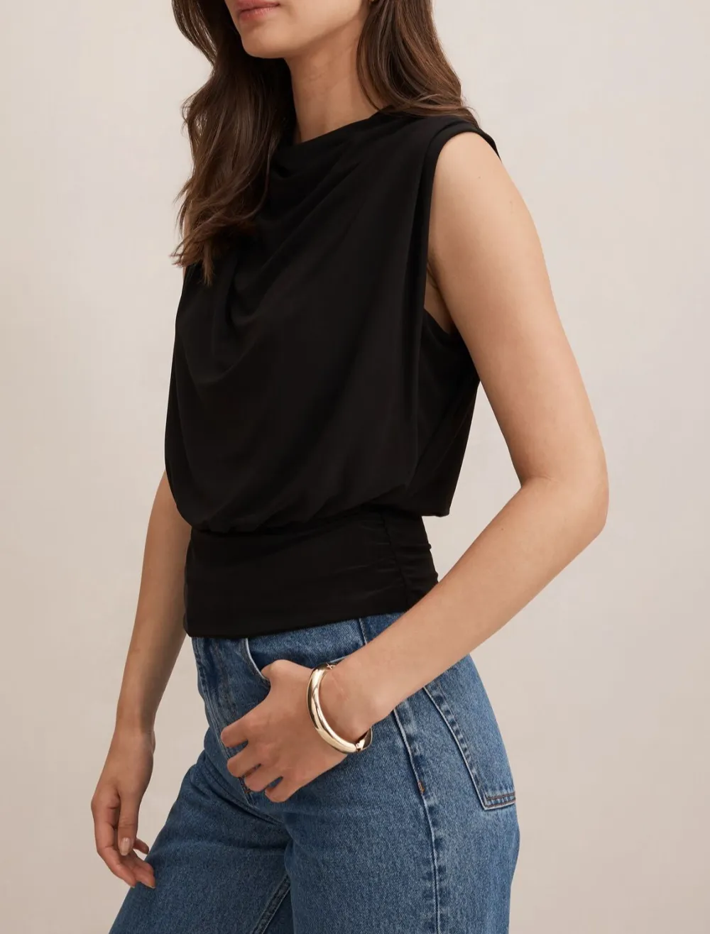 Black Cinched Waist Sleeveless Tank Top