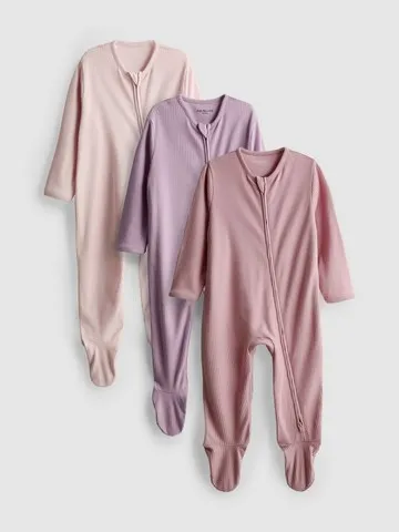 0-24mths | 3pk Ribbed Zip-Up Sleepsuits