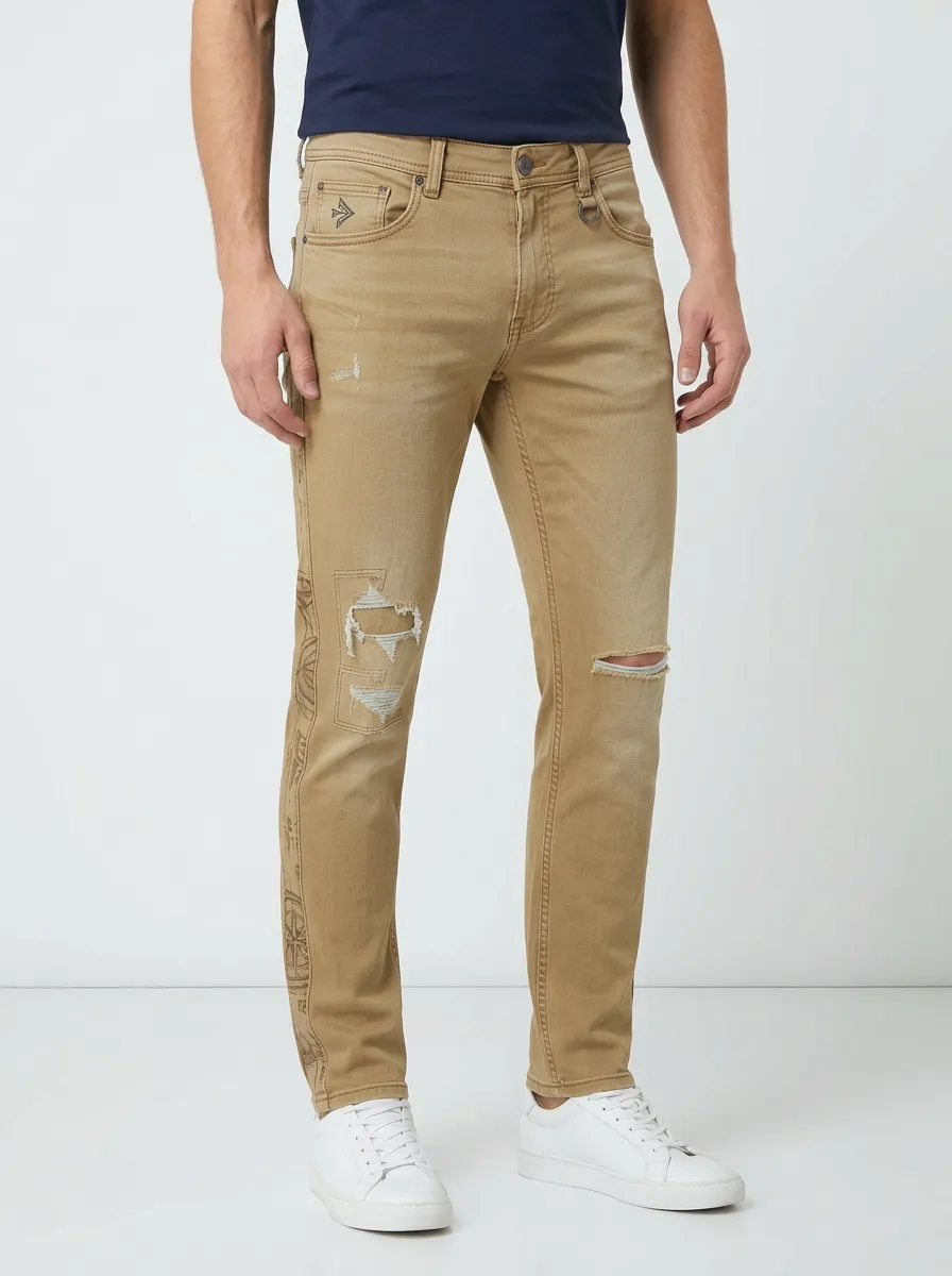 Men's Distressed Side-Print Patterned Slim-Fit Jeans