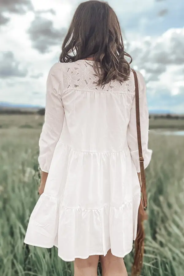 Floral Lace Patchwork Bracelet Sleeve Tiered Mini Dress