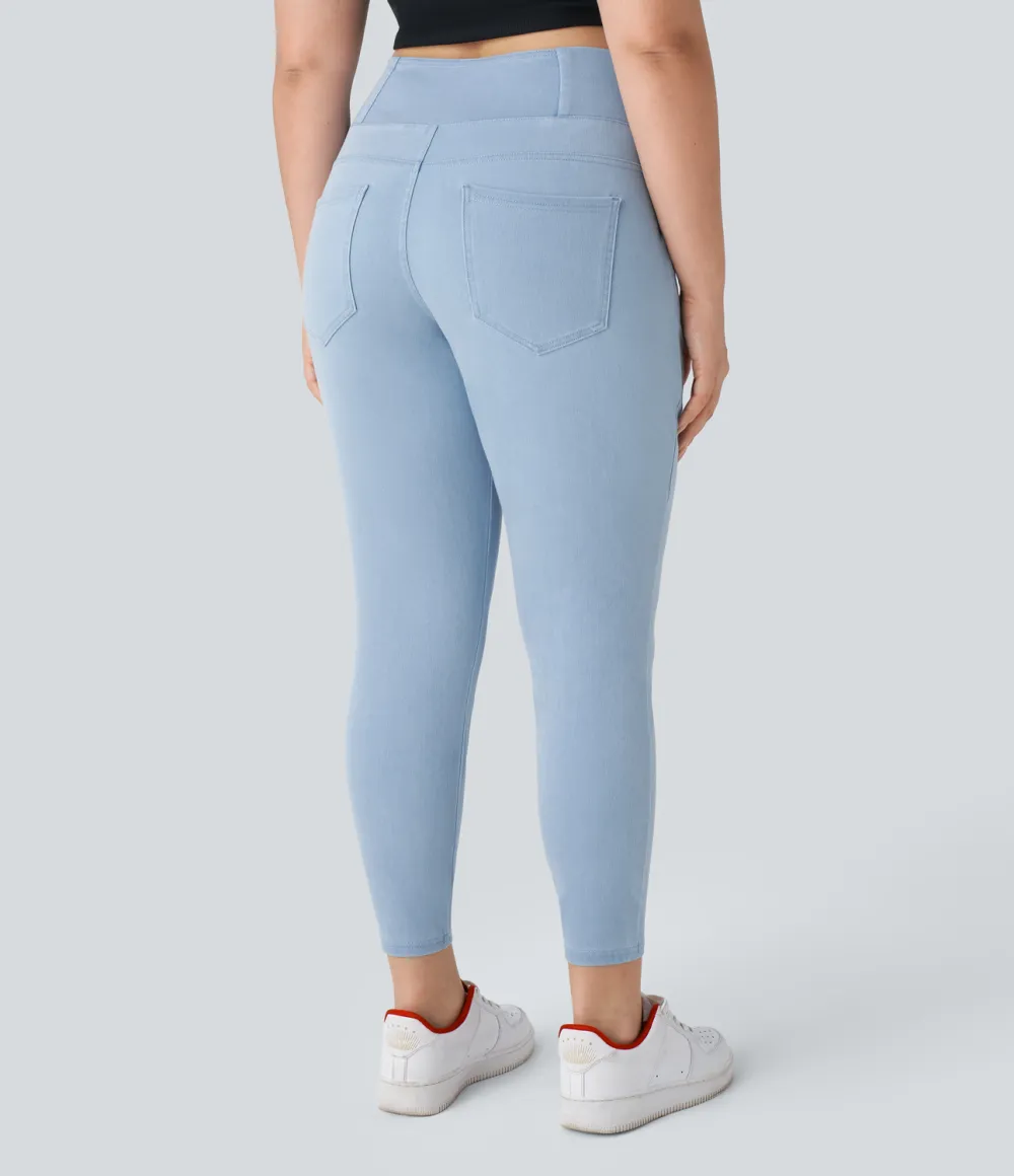 Magic High Waisted Crossover Multiple Pockets Stretchy Knit Denim 7/8 Plus Size Work Leggings