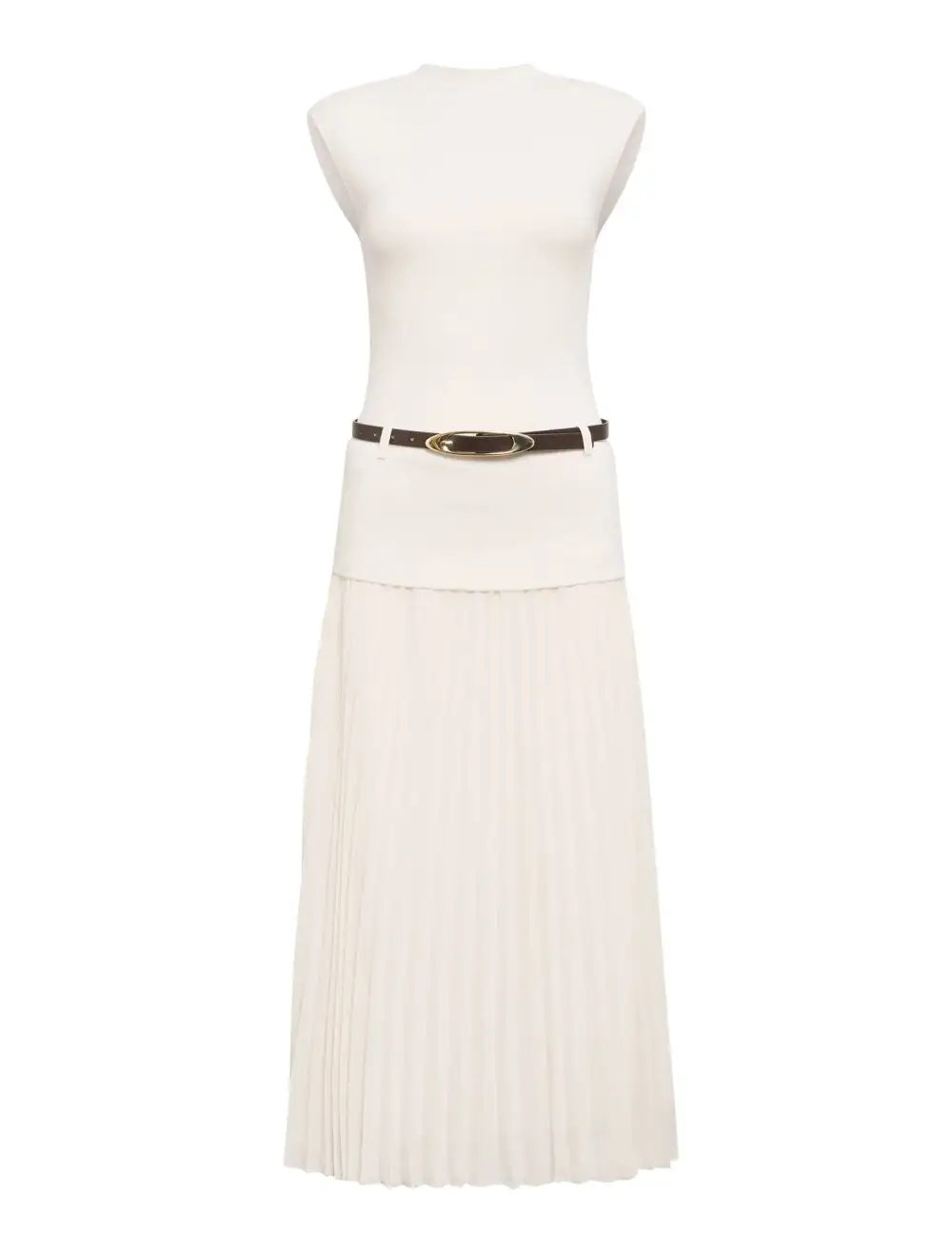 White Woven Sleeveless Top with Pleated Midi Skirt Dress
