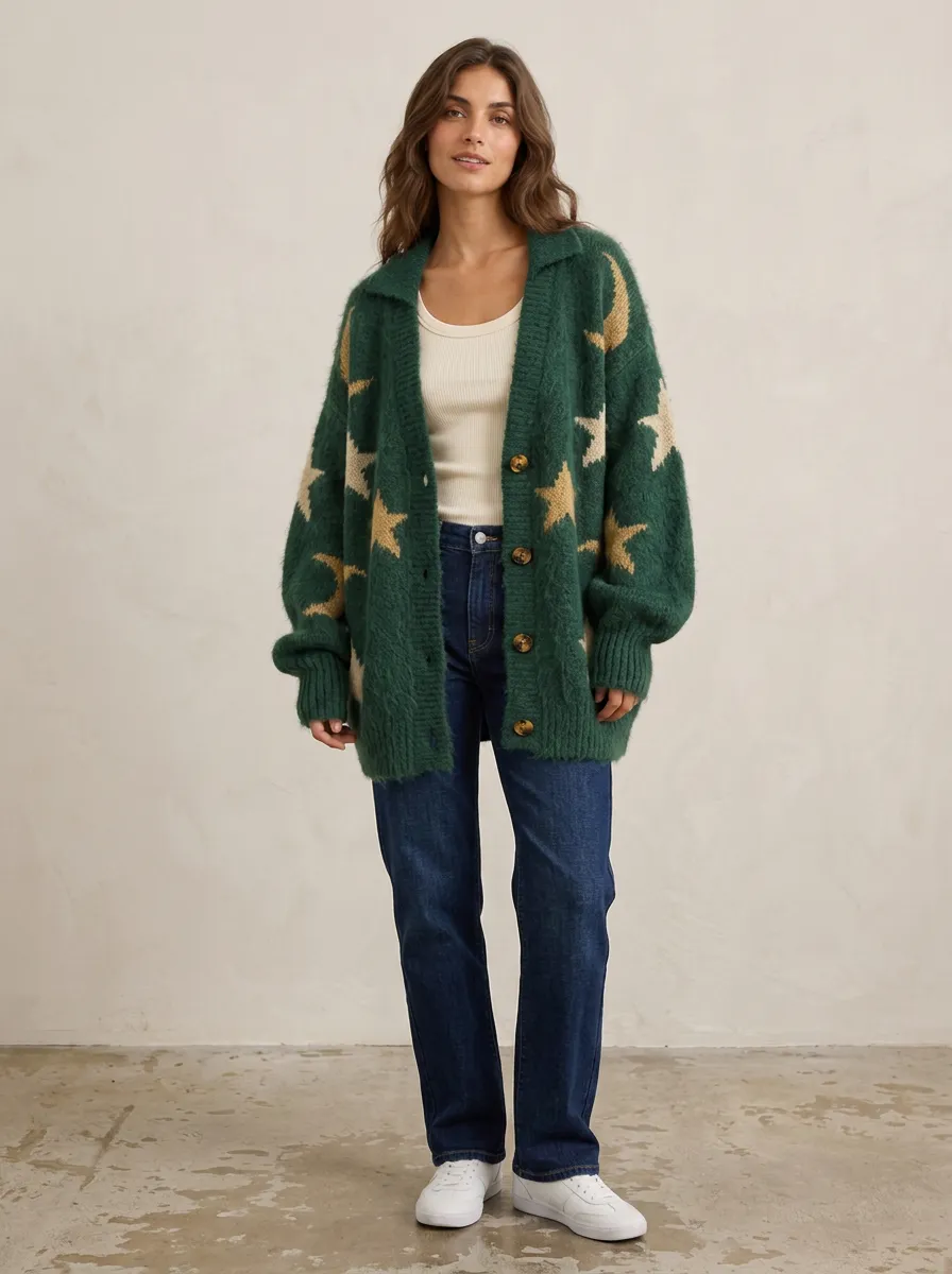 Women's Celestial Lover Star Moon Pattern Knitted Cardigan