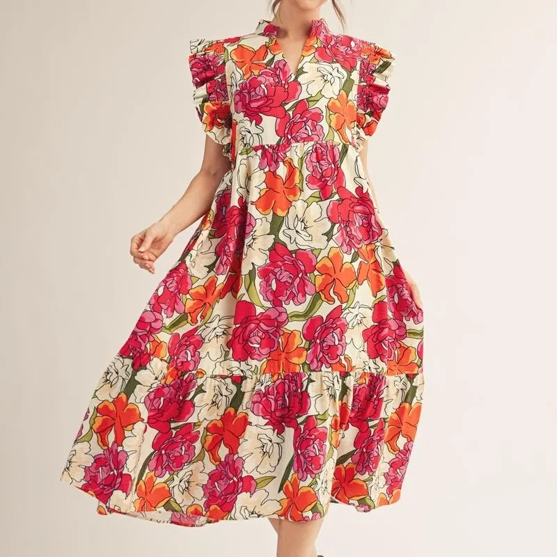 Modern Floral Tiered Ruffle Detail Dress