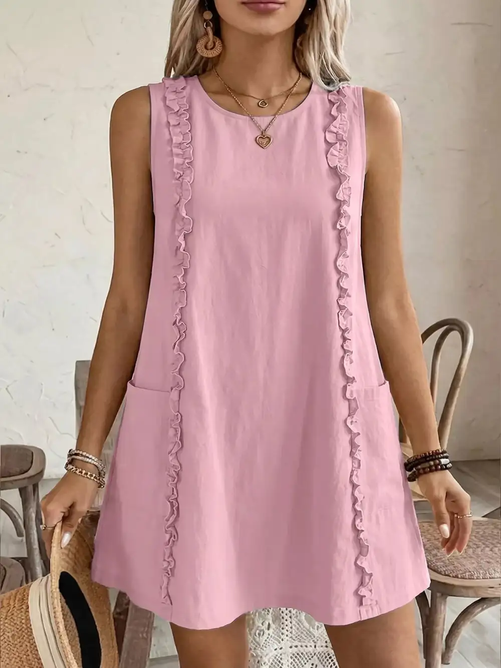 Round Neck Ruffle Sleeveless Dress Casual