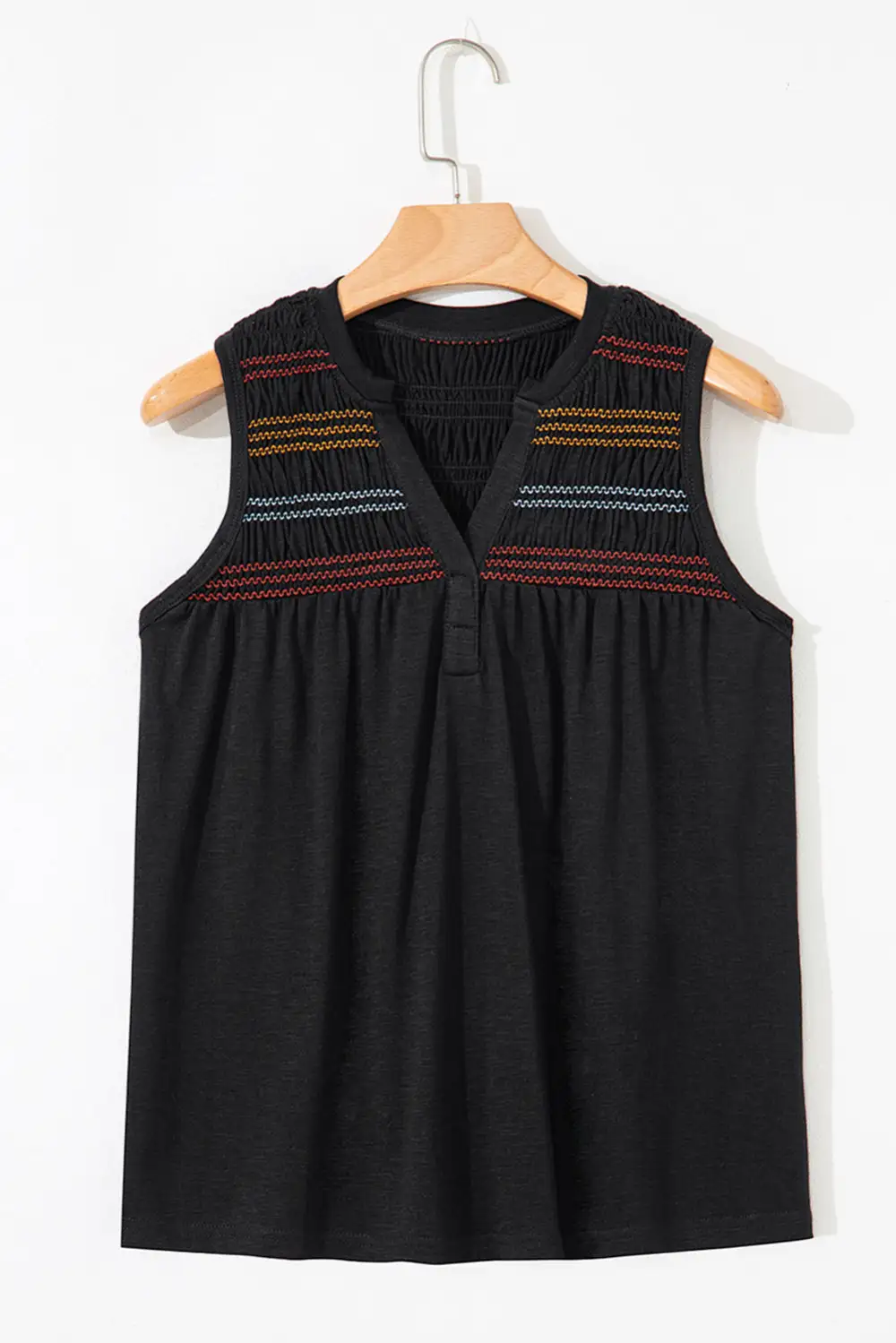 V-Neck Notched-Neck Shirred-Yoke Shirred  Tank Top