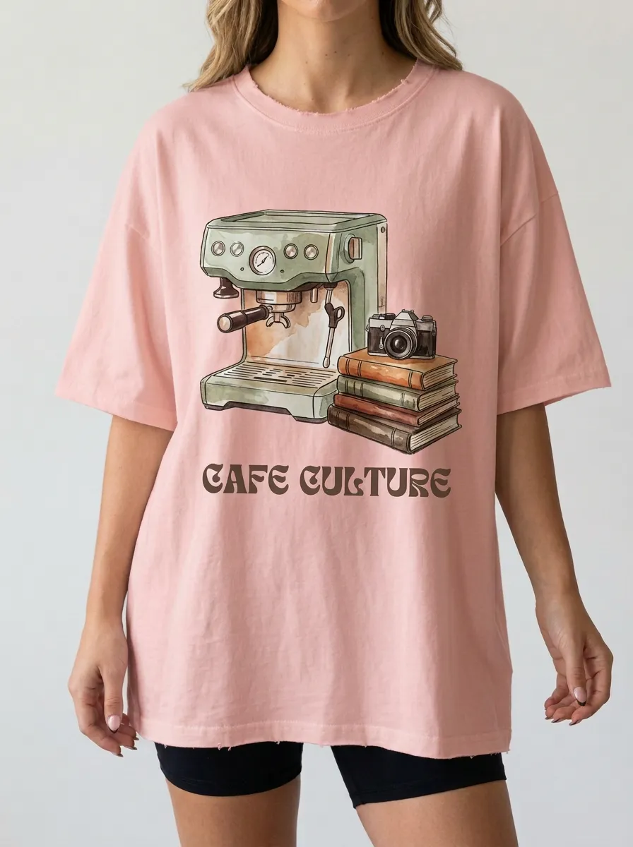 Women's Cafe Culture Coffee Machine Camera Books Graphic T-Shirt