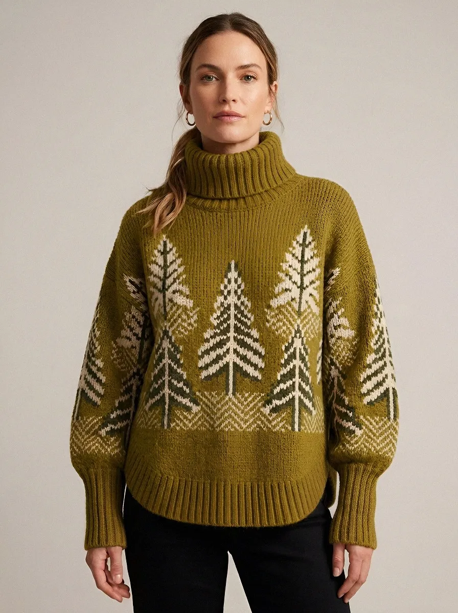 Women's Winter Nature Lover Pine Tree Pattern Printed Turtleneck Sweater
