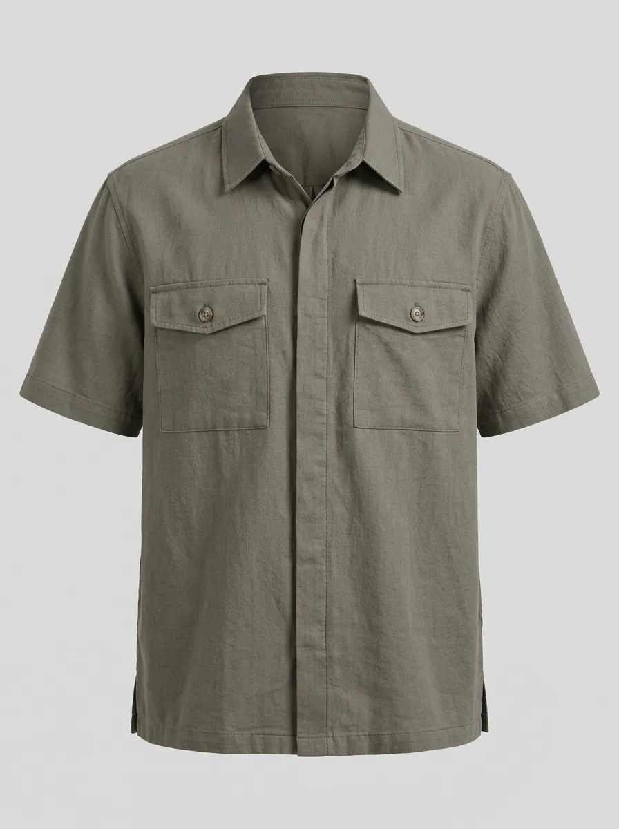 Men's Casual Breathable Olive Green Double Pocket Short Sleeve Shirt