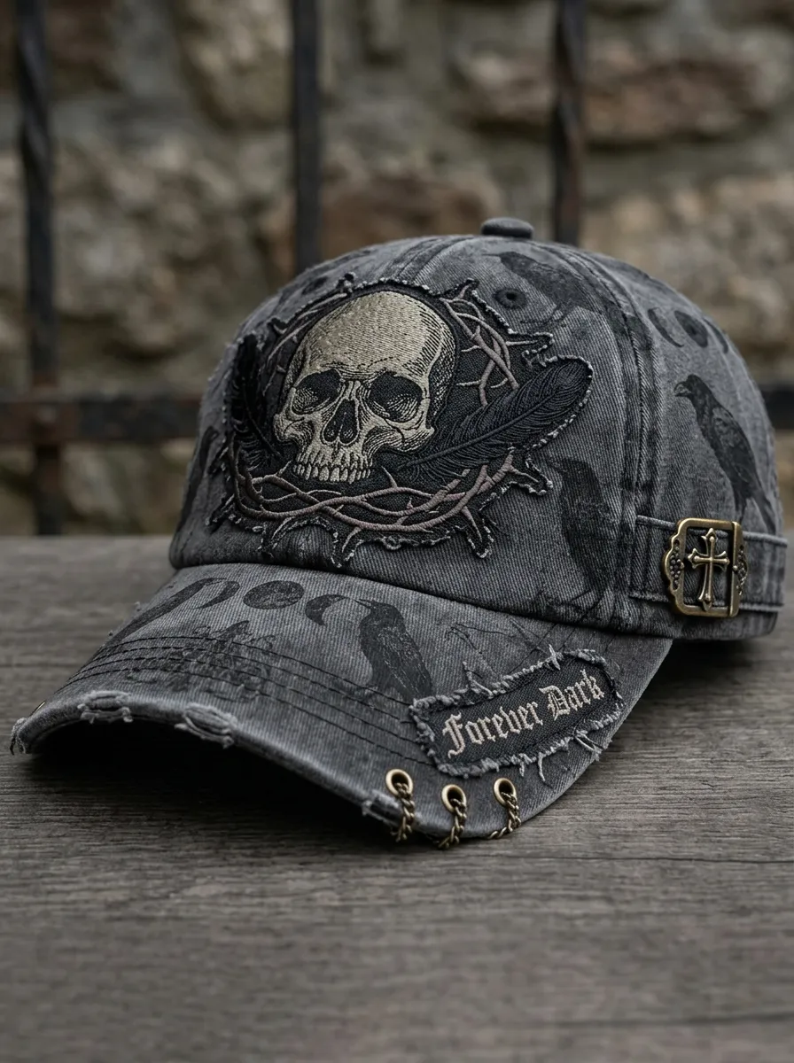 Arcane Skull Raven Distressed Darkwear Style Unisex Gothic Baseball Cap