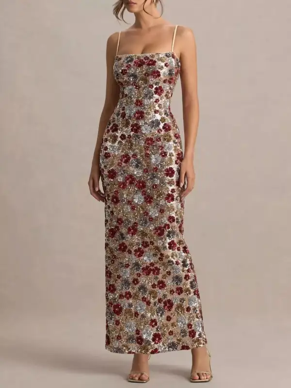 Floral Sequin Slit Maxi Dress