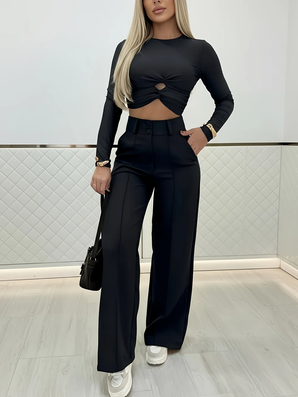 Women's Wide-Leg Pants with Double Button Front Office Trousers