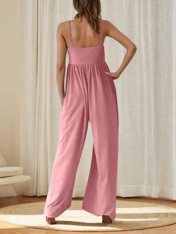 Casual Suspender Sleeveless Square Neck Wide Jumpsuit