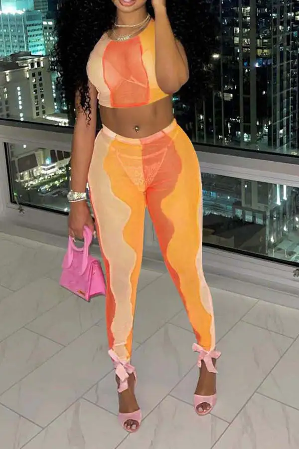 Colorblock Sheer Round Neck Pant Set