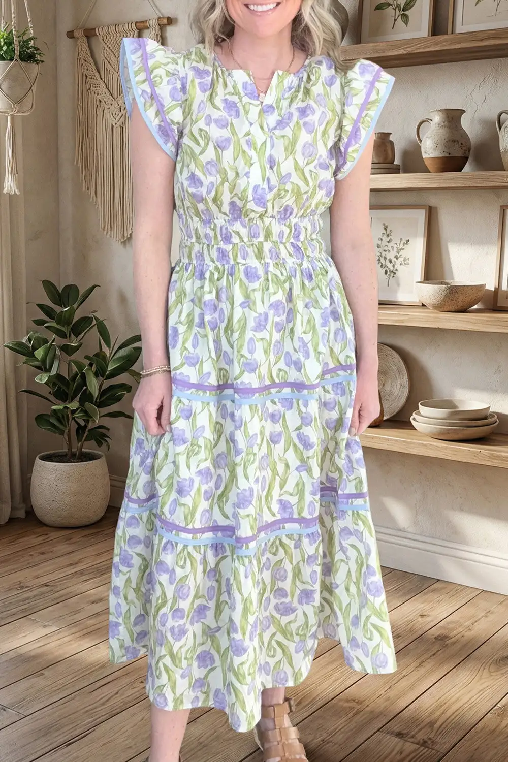 Floral Contrast Trim Midi Dress