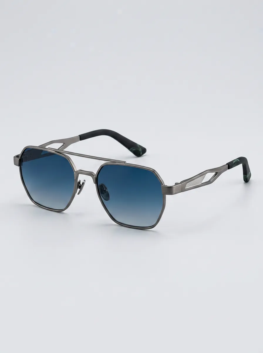 Unisex Metal Frame Blue Gradient Lens Geometric Sunglasses