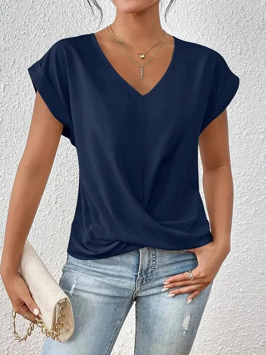 Relaxed Curve Fit Pleat Detail V-Neck Polyester T-Shirt