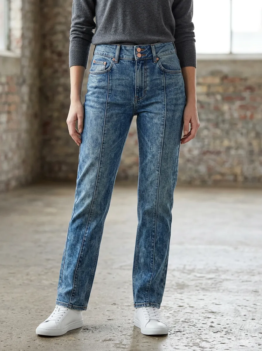 Women's Vintage Acid Wash High Waisted Seamed Denim Jeans