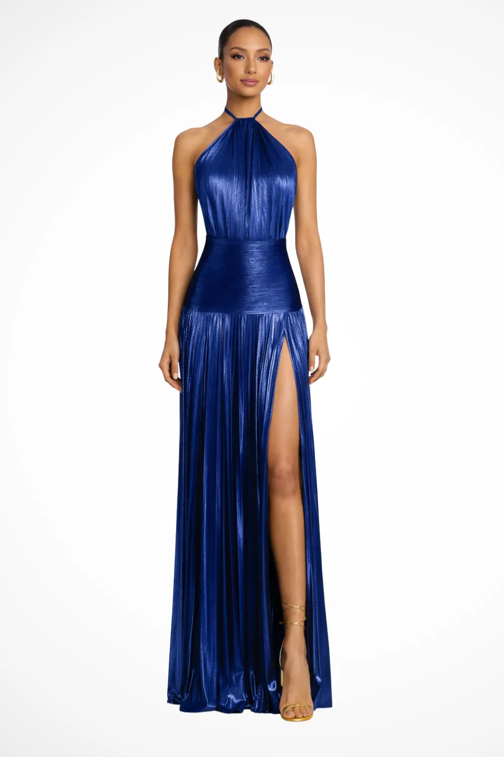  Halter Neck Pleated Satin Maxi Dress