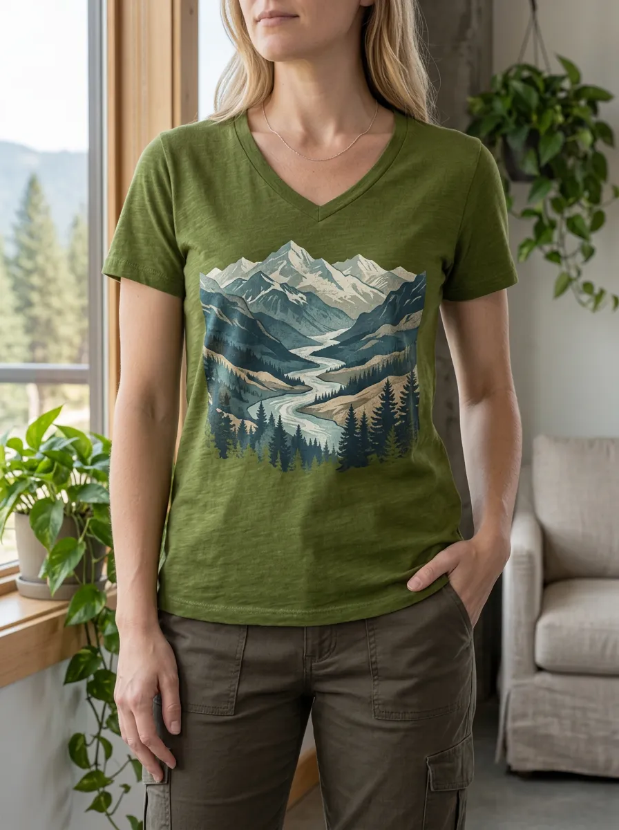 Women's Mountain Nature Lover Mountain River Forest V-Neck T-Shirt