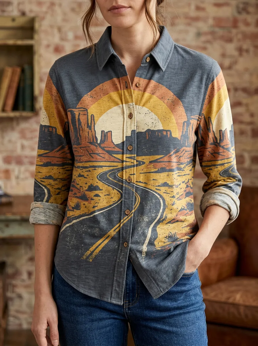 Women's Modern Western Desert Road Sunset Shirt