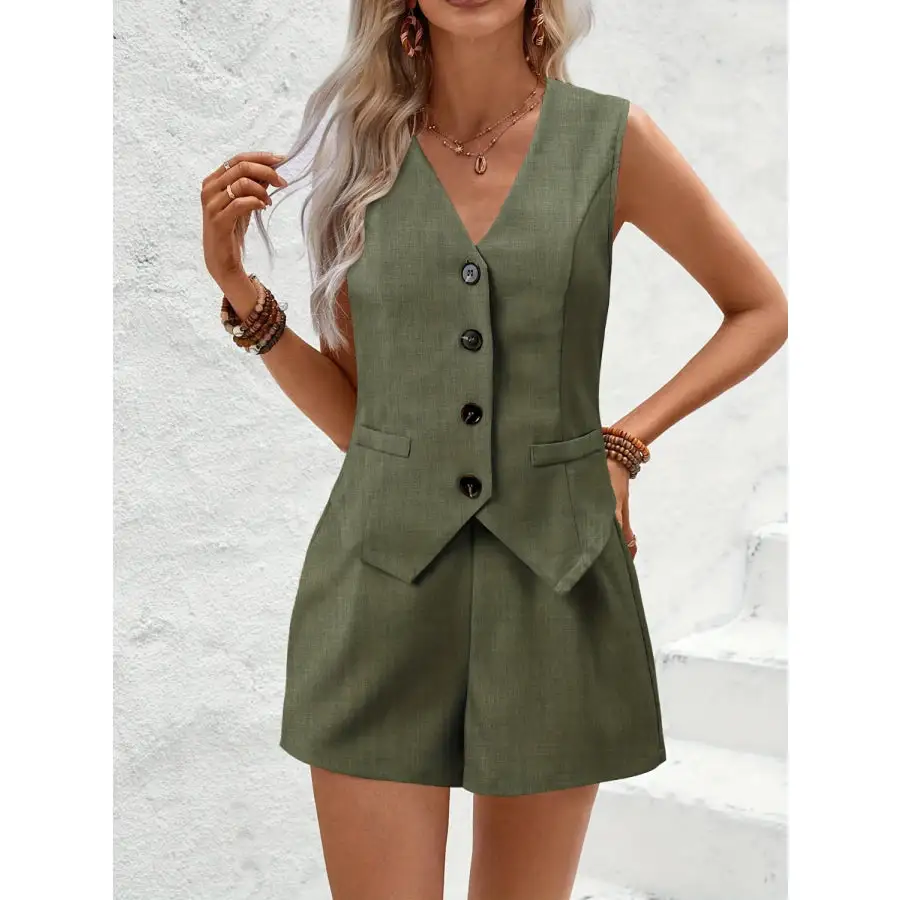 V Neck Button Down Vest and Shorts Set
