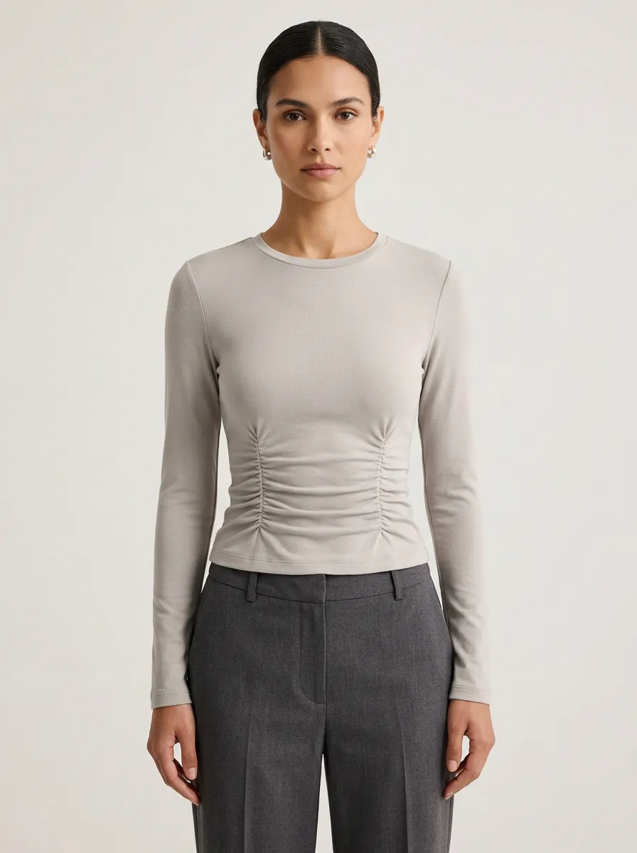 Fitted Waist-Ruched Ruched Long-Sleeve Top