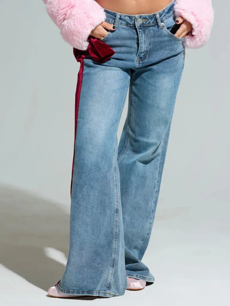Bow-Detail Velvet Slim Jeans