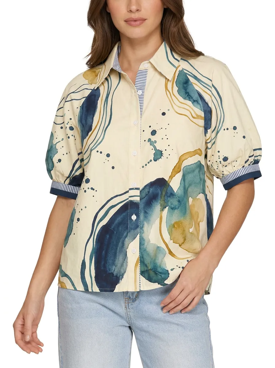 Women's Abstract Watercolor Ink Splash Printed Button-Up Shirt