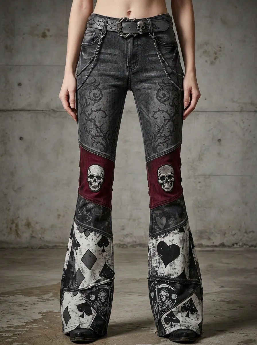 Dark Skull Playing Card Flare Edit Women's Gothic Flare Pants