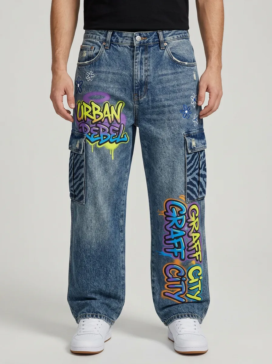 Men's Streetwear Urban Rebel Graffiti Graphic Cargo Jeans