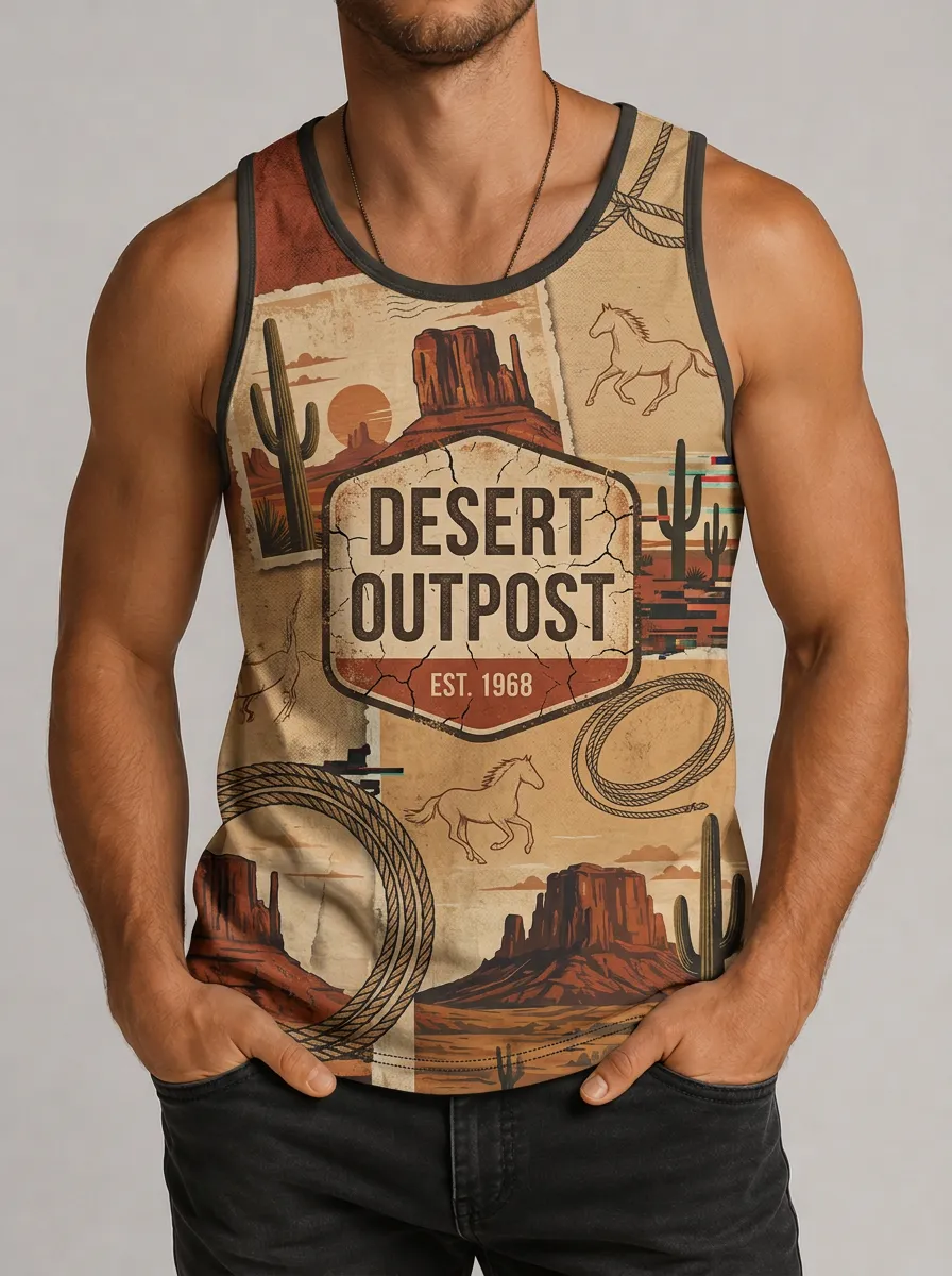 Men's Western Desert Outpost Horse Cactus Printed Tank Top