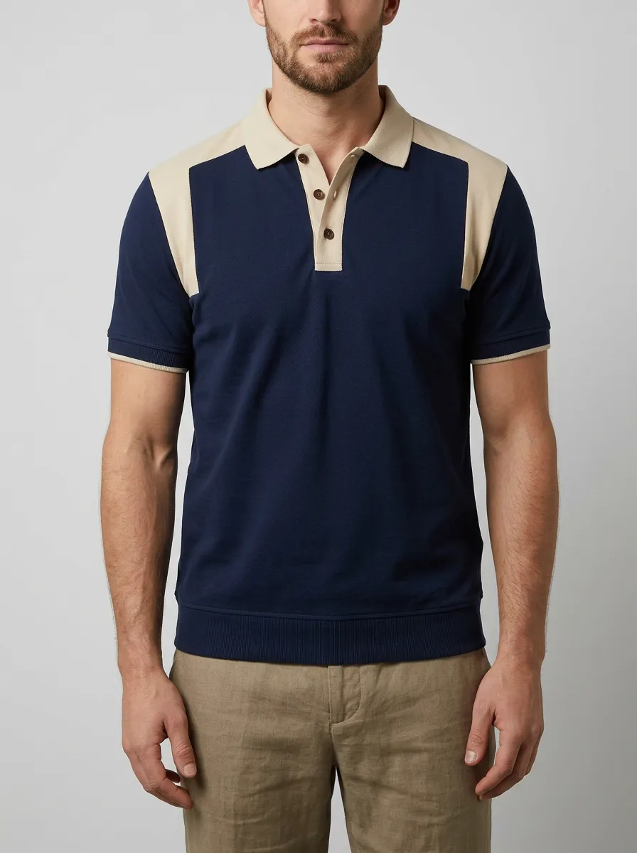 Men's Casual Navy Beige Colorblock Contrast Trim Polo Shirt