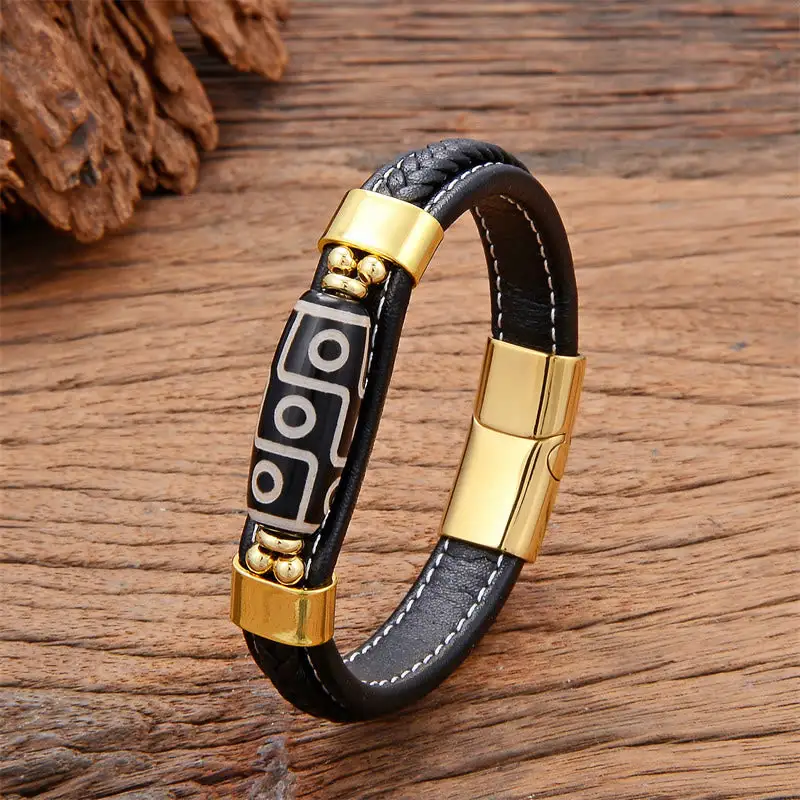 Eye Dzi Bead Leather Buckle Bracelet