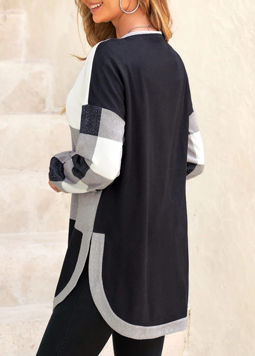 Black Split Plaid Long Sleeve Coat