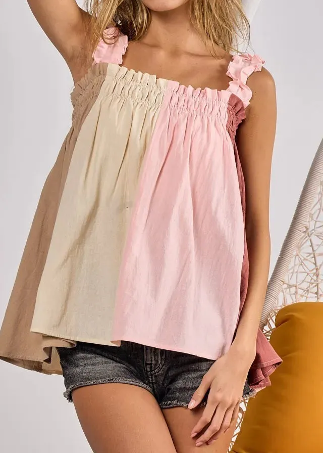 Frill Shoulder Strap Color Block Bodice Top