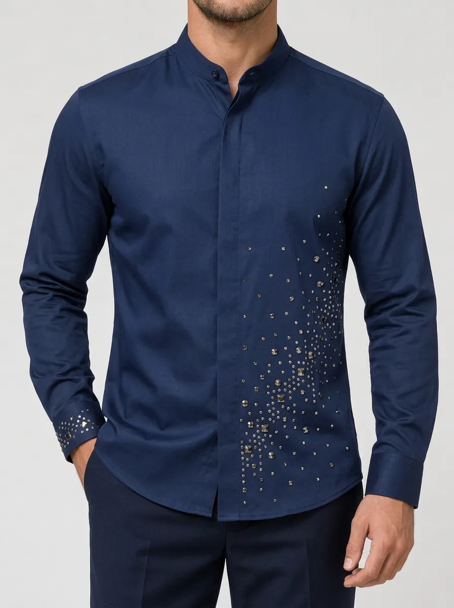 Navy Mandarin Collar Shirt with Rhinestone Highlights