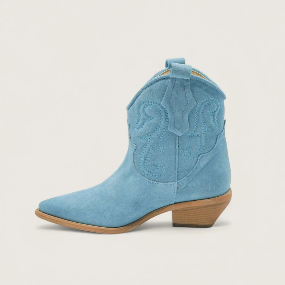 Faux-Suede Embroidered Pointed-Toe Chunky-Heel Western Boots