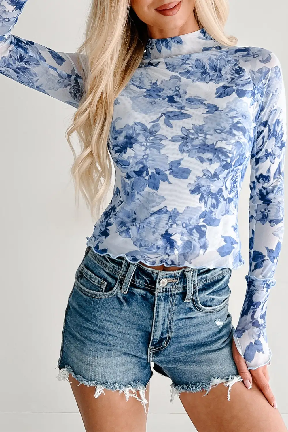Floral Print Stand Neck Mesh Stretch Fabric Long Sleeve Top