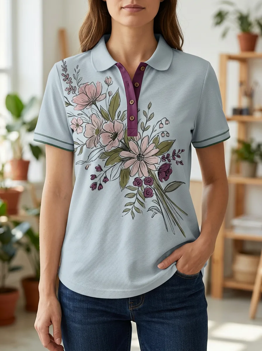 Women's Floral Bouquet Botanical Art Printed Polo Shirt