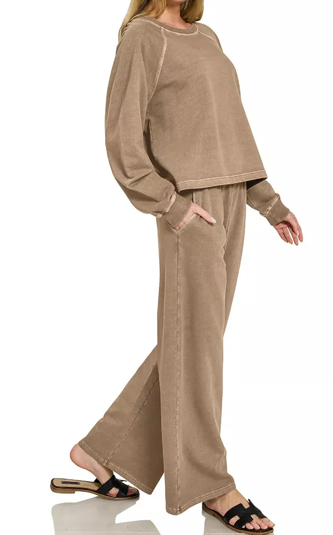 Textured Washed F Terry Round Neck Pullover & Pants Set