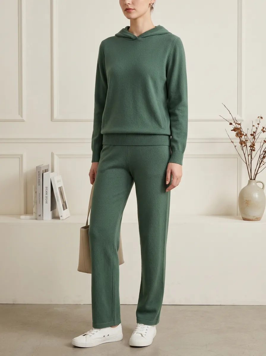 Women's Green Solid Color Long Sleeve Hooded Straight Leg Lounge Set
